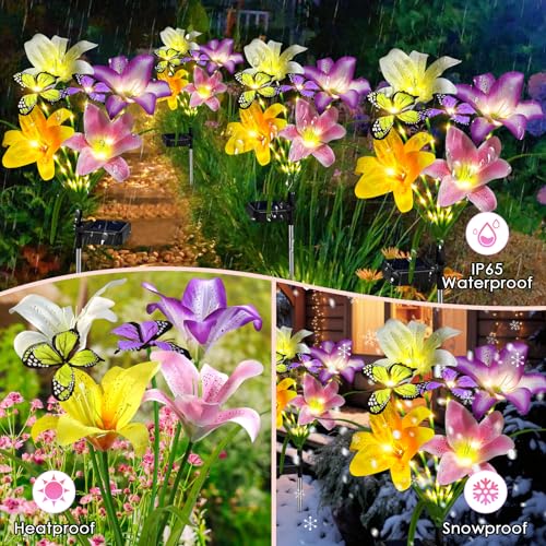 ostritec Solar Garden Lights Outdoor, 4 Pack Flower Lights for Outside, 16 Solar Lilies with Butterflies, Waterproof Garden Decor for Yard, Patio, Gifts for Women Mom (4 pcs Lilies) - style: Lilies-4 Pack