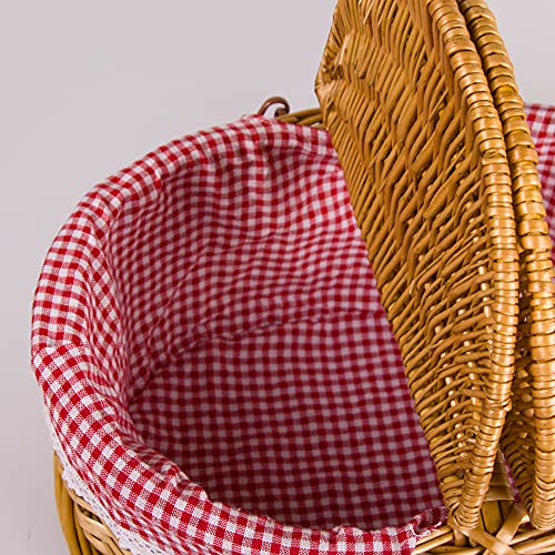 Wicker Picnic Basket with Lid and Handle Sturdy Woven Body with Washable Plaids Liner,Red - color: Red Check