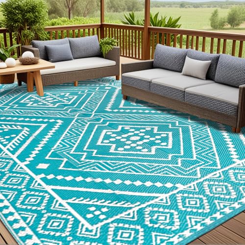 Waterproof Outdoor Rug 9x12 ft, Reversible Plastic Straw Mat, Large Floor Mat for Patio, Camping, Picnic, Backyard RV, Deck, Teal - color: Teal, size: 9' x 12'