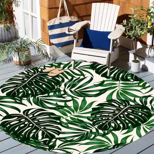 Round Emerald Green Jungle Monteral Palm Leaves Texture Tropical Flora Rug for Patio Balcony Deck Camping Porch Waterproof Outside Area Rug 2' Non Slip Carpet - color: E, size: 2ft