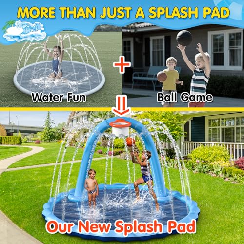 Instraella Splash Pad for Kids and Dog, 110" 2-in-1 Large Sprinkler Mat with Basketball Hoop and Arch for Kids Outdoor Play, Shoot Game for Backyard, Inflatable Water Toys More Fun for Boys and Girls - size: Round 110 in