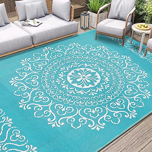 Pauwer Waterproof Outdoor Rug 6x9, Reversible Plastic Straw Patio Camping Rug, Indoor Outdoor RV Mat Carpet for Deck, Camper, Porch, Balcony, Backyard, Picnic, Floral Teal - color: Floral Teal, size: 6' x 9' (Rectangular)