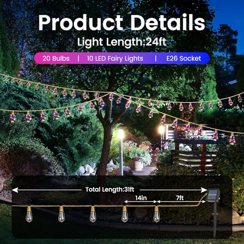 Solar String Lights Outdoor, 24FT Solar Patio String Lights for Outside, Outdoor Solar Lights with 20 Shatterproof Bulbs, Waterproof 8 Light Modes for Garden Fence Balcony Camping Decor - Multicolor - color: Solar-Multicolored