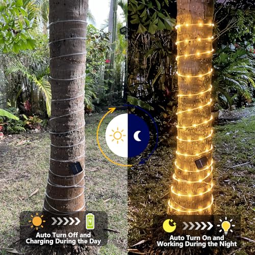 YEGUO Solar Rope Lights Outdoor Waterproof, 66ft 200 LED Warm White String Lights, 8 Modes Fairy Lights in Clear Thin Tube - color: Warm White