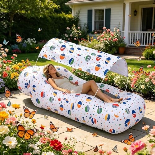 Air Lounger Sofa - Inflatable Camping Couch with Built in Sun Shade Canopy, No Pump Blow Up Air Bed Lounge Chair for Outdoor Travel Beach Picnic Backyard Hiking Relax Portable Resting Furniture