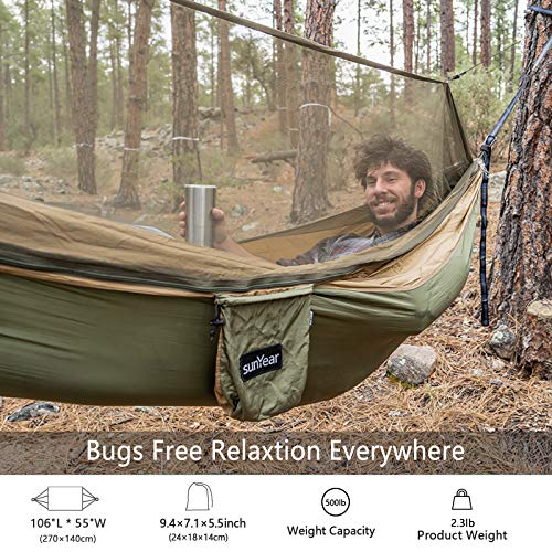 Sunyear Hammock Camping with Rain Fly Tarp and Net, Portable Camping Hammock Double Tree Hammock Outdoor Indoor Backpacking Travel & Survival, 2 Tree Straps,100% Waterproof - color: Green/Khahi（no Rain Fly）, size: 55"W*106"L