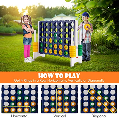 KOTEK Giant 4-in-a-Row Game, 3.5 Feet Tall Jumbo 4-to-Score Family Fun Game w/Quick-Release Sliders & 42 Large Rings, Oversized Connect Plastic Yard Game Outdoor for Kids & Adults (Dark Blue+White) - color: Dark Blue+white