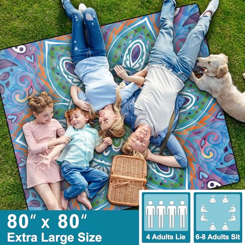 80x80" Large Boho Picnic Blankets Outdoor Water proof Sand proof Beach Blanket Packable Patio Grass Park Camping Mats Camper Hiking Must Haves Gifts Car Road Trip Gear Outside Rv Travel Stuff - color: Blue and Green Mandala, size: 6'8" x 6'8" (Square)