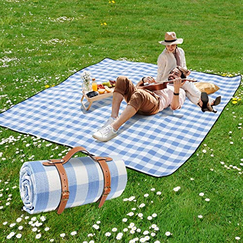 sapsisel 80”x 80” Picnic Blanket Extra Large, Waterproof and Foldable Beach Blanket, 3-Layer Outdoor Blanket for 6 to 8 Adults, for Camping, Park, Beach, Grass, Indoors… - color: White & Blue Grids