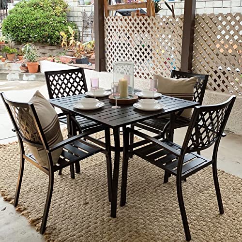 PHI VILLA 5 Pieces Outdoor Dining Set for 4, 37” Black Square Metal Table with Umbrella Hole & Stackable Wrought Iron Chairs, Outdoor Table and Chairs for Patio, Deck, Yard, Porch - color: Net Back Chair, size: 5pcs-37" Steel Table