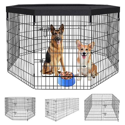 Peekaboo Pet Playpen Dog Fence Foldable Metal Dog Pen Wire Exercise Puppy Play Yard Pet Enclosure Indoor Outdoor 8 Panels 36 Inch with Bottom Pad/Top Cover(Black 36 top Cover) - style: Playpen + top cover