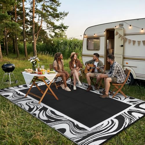 Garvee 10x14 Extra Large Black and White Outdoor Rug Waterproof Lightweight Deck Rugs Weather Resistant Plastic Straw Carpet Easy to Clean for Picnic, Porch, Camping, Balcony, Beach, Rv, Black White - color: Black White, size: 10' x 14' (Rectangular)