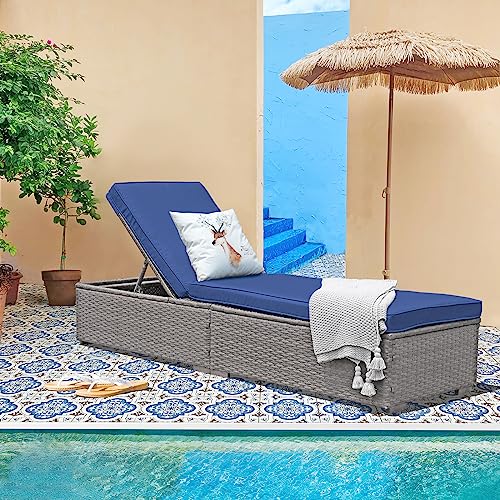 Patiorama Outdoor Patio Chaise Lounge Chair, Elegant Reclining Adjustable Pool Rattan Chaise Lounge Chair with Cushion, Grey PE Wicker, Steel Frame, for Deck, Poolside, Backyard (Blue) - color: Blue
