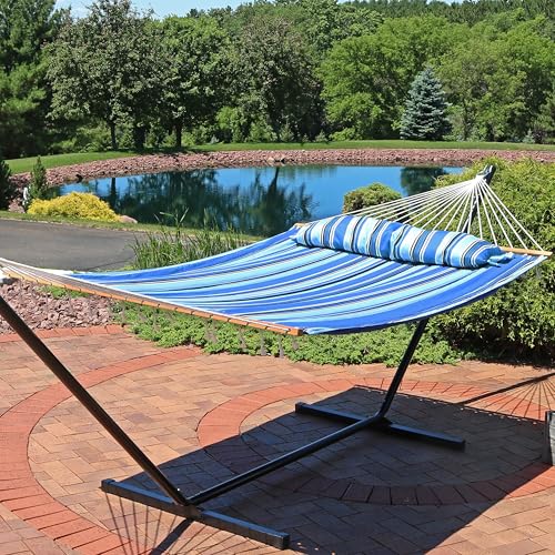Sunnydaze Quilted Double Hammock for Outside with Spreader Bars and Pillow - 450 lb Capacity, 74x55 Inch Bed, UV Resistant, Quick Dry - Chains Included, Stand Sold Separately - Misty Beach - color: Misty Beach