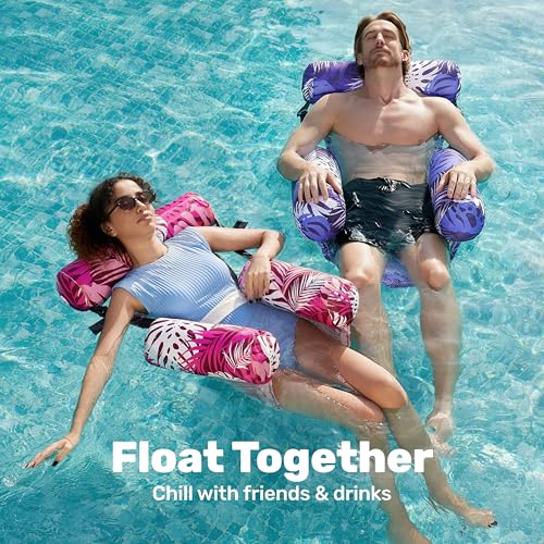 SLOOSH Inflatable Pool Floats Adult,2 Packs Floating Lounge Chairs,Blow up Pool Noodles for Adult Heavy Duty,Floating Chair for Party Summer Water Beach Lake Fun - style: Tropical Leaves-Purple,Pink