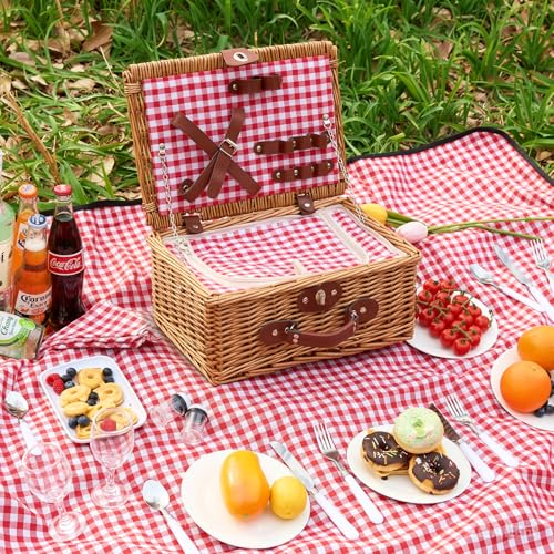 Willow Picnic Basket Set for 2 with Large Insulated Bag and Waterproof Picnic Blanket，Utensils, Glasses, Wicker Picnic Hamper for Camping,Outdoor,Birthday, Valentine, Red - color: Red With Blanket, size: For 2 Persons