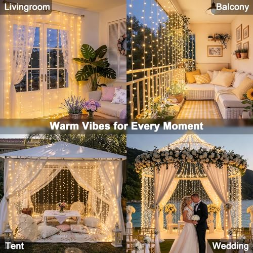 JMEXSUSS 600 LED Curtain Lights Outdoor, 9.5ft x 19.6ft Window Hanging Lights with Remote, Plug in, 8 Modes, Indoor String Lights for Bedroom, Wall, Xmas, Party, Backdrop, Wedding Decor, Warm White - color: *Warm White, size: 600 LED
