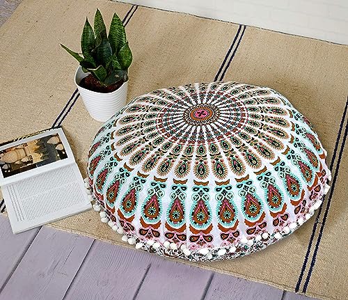 Indian Consigners Floor Cushion Covers 22" Round Mandala Ombre Zipped Ottoman Cover - color: Pink-mustard-green
