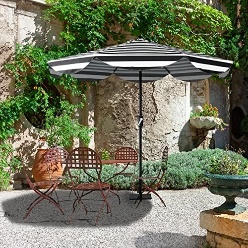 Tempera 9ft Auto Tilt Scalloped Patio Umbrellas Outdoor Table Umbrellas with Fade Resistant Canopy, 8 Sturdy Rids, Vintage Umbrellas for Lawn, Pool, Deck, Balcony - color: Black White Stripe Scalloped, size: 9 FT