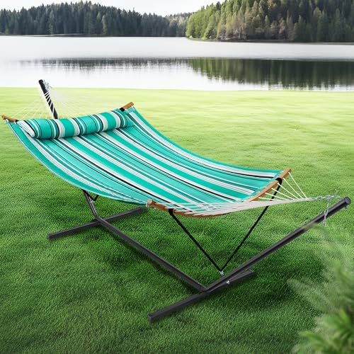 SUPERJARE Hammock with Stand, 2 Person Heavy Duty Hammock with Padded Cotton, Detachable Pillow & Strong Curved-Bar & Portable Carrying Bag, Perfect for Outdoor & Indoor, Mint Green with Stripes - color: Mint Green With Stripes