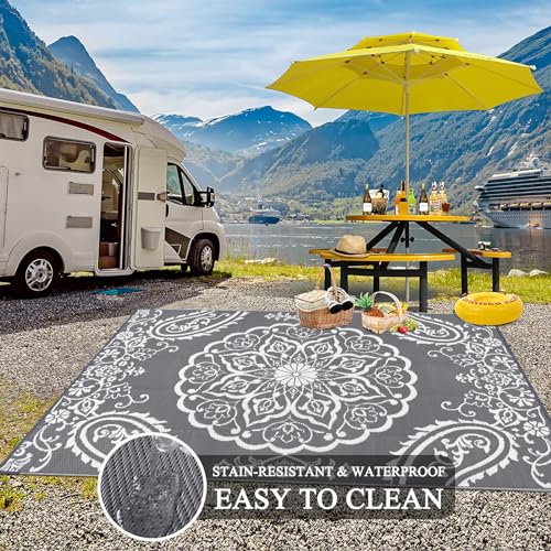 Pauwer Waterproof Outdoor Rug 6x9, Reversible Plastic Straw Patio Camping Rug, Indoor Outdoor RV Mat Carpet for Deck, Camper, Porch, Balcony, Backyard, Picnic, Boho Grey - color: Boho Grey, size: 6' x 9' (Rectangular)
