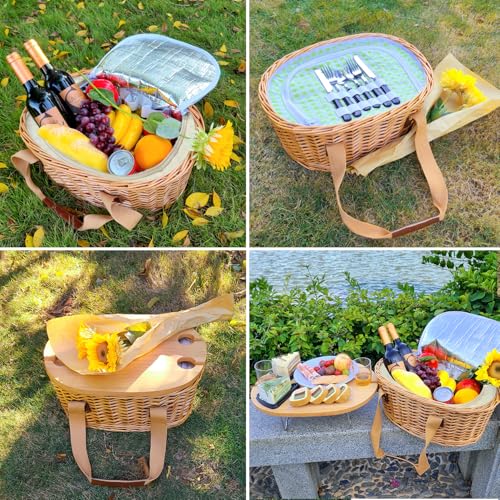 Hap Tim Wicker Picnic Basket Set for 4 with Mini Folding Wine Picnic Table & Large Insulated Cooler Bag & Cutlery Service Kits for 4 Person, Couples Gifts, Wedding Gifts (Y2209-4-GR) - color: Green, size: 4 person