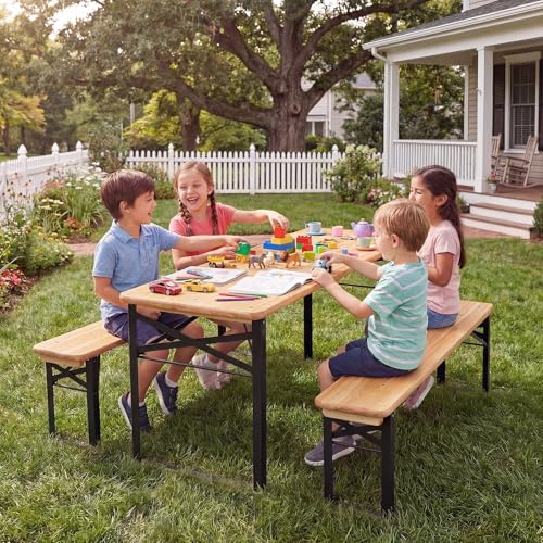 Costzon Kids Picnic Table, 43.5 Inch Folding Picnic Table with 2 Benches, Fir Wood Top & Metal Frame, No Assembly 3-Piece Portable Kids Indoor/Outdoor Furniture for Patio Backyard Daycare (Black) - color: Black