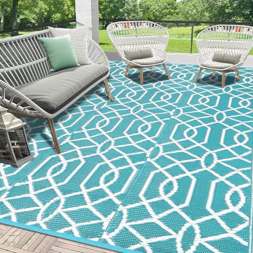 HEBE Outdoor Rug Waterproof 8x10, Reversible Plastic Straw Rug RV Camping Rug, Indoor Outdoor Patio Mat Clearance, Outside Carpet for Porch,Deck,Camper,Balcony,Backyard,Picnic - color: Line/Teal, size: 8' x 10' (Rectangular)