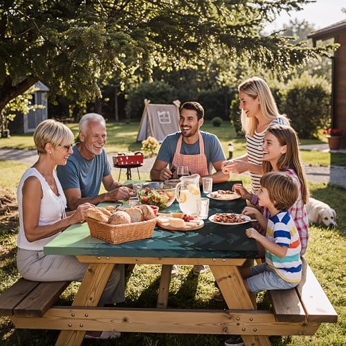 Fitted Waterproof Picnic Table Cover with Bench Covers Elastic Edges Camping Tablecloth for 8 Foot Rectangle Tables Camp Cooking Motorhome Hiking Equipment Car Rv Travel Trailer Needs Gifts - color: Green Jungle, size: 96" x 30" (Rectangular)