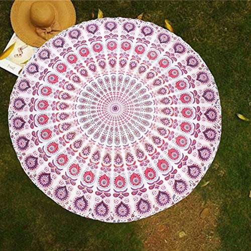 raajsee Mandala Round Beach Tapestry Hippie Mandala/Boho Decor Beach Blanket/Indian Cotton Throw Bohemian Round Table Cloth Mandala/Yoga Mat Meditation Picnic Rugs (WHITE PINK) - color: WHITE PINK