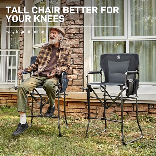 EVER ADVANCED Portable 30.7" Seat Height Tall Folding Camping Chair Directors Chair High Foldable Bar Stool with Side Table for Makeup Artist, Sports Event, Craft Show, Supports 350LBS - color: Grey
