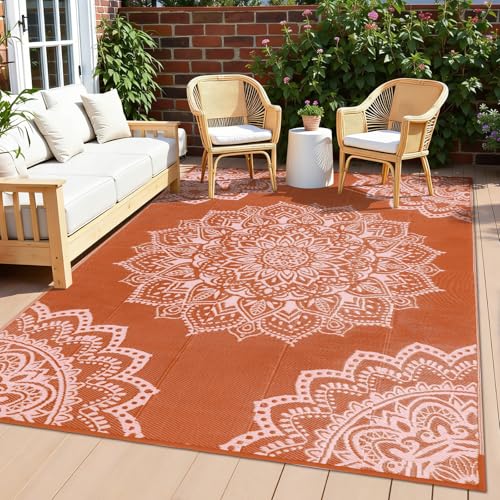 Yamaziot Waterproof Outdoor Rug 6x9 ft, Reversible Plastic Straw Rug for Patio Clearance, Camping, RV Mat, Large Outside Rug Carpet for Porch, Deck, Backyard, Balcony, Picnic - color: Orange/ Pink, size: 6' x9'