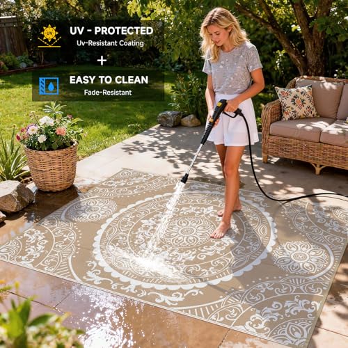 Pauwer Waterproof Outdoor Rug 6x9, Reversible Plastic Straw Patio Camping Rug, Indoor Outdoor RV Mat Carpet for Deck, Camper, Porch, Balcony, Backyard, Picnic, Paisley Brown - color: Paisley Brown, size: 6' x 9' (Rectangular)