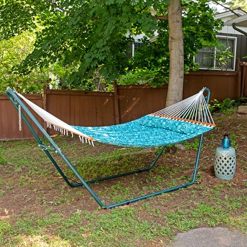 Sunnydaze Quilted Double Hammock for Outside with Spreader Bars and Pillow - 450 lb Capacity, 74x55 Inch Bed, UV Resistant, Quick Dry - Chains Included, Stand Sold Separately - Cool Blue Tropics - color: Cool Blue Tropics