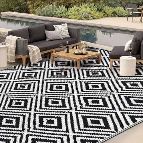 HERMOCE Waterproof Outdoor Rug 5x8 ft, Plastic Straw Patio Rugs Reversible, Patio Decor for Deck, Backyard, RV, Camping - Easy Clean Fade Resistant, Black & White - color: Black&white-h