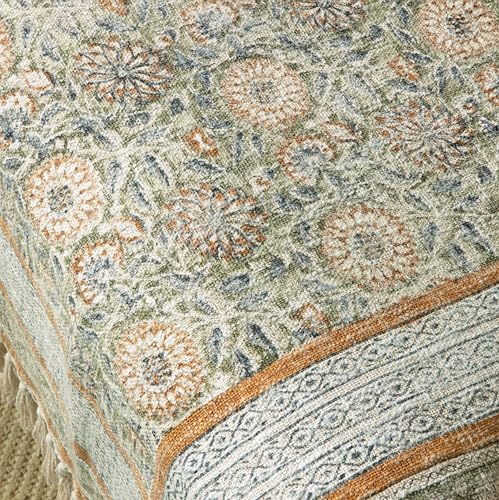 100% Pure Cotton Handblock Printed Throw Blanket, Soft 50" x 60" Fringed Floral Print Throw for Couch, Sofa, Chair, Bed - Cozy, Machine Washable, Comfortable Home Decor - color: Fern Green