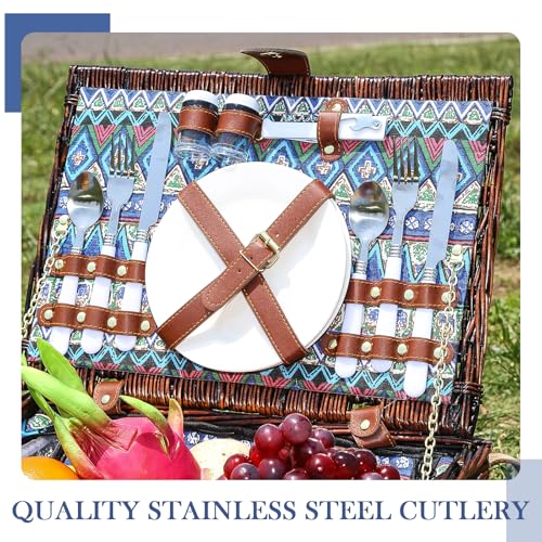 Neti Neti Wicker Picnic Basket for 2 Boho with Insulated Cooler & Waterproof Blanket – Large Willow Picnic Hamper for Outdoor, Camping, Beach, Romantic Dates, Valentine’s Day - color: Boho 2