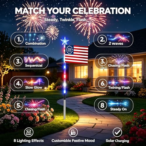 8 Pack Solar American Flag Pathway Lights - Patriotic Red White Blue Outdoor Stake Waterproof LED Lights with 8 Modes, Decorations 4th of July Memorial Day & Independence Day Yard Garden (Style B) - color: Style B