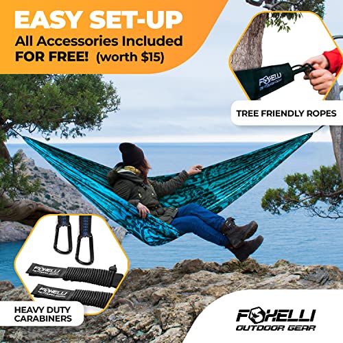 Foxelli Camping Hammock – Ultralight Hammock for Backpacking, Hiking, Festivals, Travel - Easy Setup with Tree-Friendly Ropes & Steel Carabiners, Heavy Duty Parachute Nylon - color: Mandala