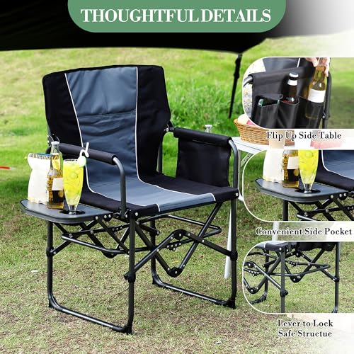 Oversized Camping Directors Chair, Portable Folding Lawn Chairs for Adults Heavy Duty with Side Table, Outdoor Foldable Camp Chair with Pocket for Beach, Fishing, Picnic, Outdoor Foldable Camp Chair