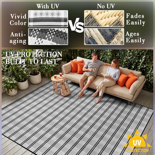 UPGRADE Waterproof Outdoor Rug 8x10 ft, Reversible Plastic Patio Rug, UV Resistant Straw Camping Mat with Carry Bag for RV Beach Deck Backyard, Gray & White - color: Gray & White, size: 8' x 10'