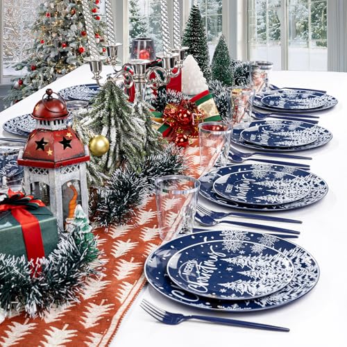 Supernal 150pcs Blue Christmas Plastic Plates - Christmas Party Tableware Set Include Blue Plastic Plates with White Xmas Trees, Heavy Duty Silverware Disposable, Silver Cups for New Year - color: 150pcs Blue and White Christmas Plastic Dinnerware Set