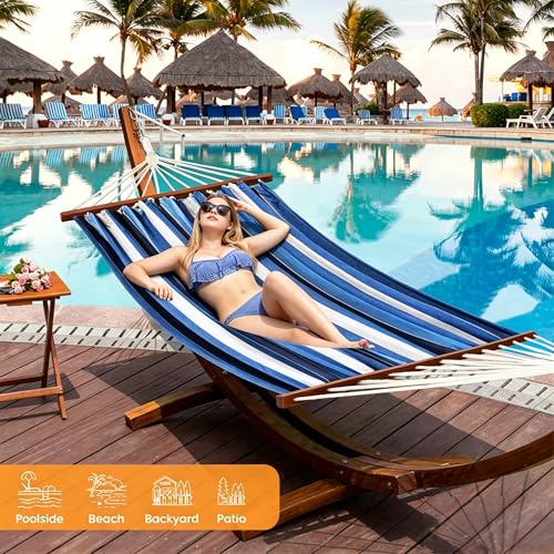 Lazy Daze Hammocks Cotton Fabric Spreader Bar Hammock and 10.5 Ft Wood Arc Hammock Stand Combo, for Indoor, Outdoor,Patio, Backyard, Blue and Cyan - color: Blue and Cyan