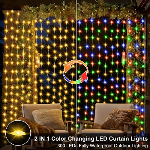 ZAIYW 10x10Ft Curtain Lights Connectable Warm White & Multicolor Changing 300 LED Curtain Lights Plug in with Remote Control Curtain String Lights Waterproof for Indoor Outdoor Decor - color: Warm White & Multicolor, size: 10Ft x 10Ft