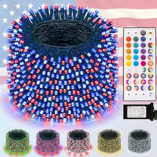 LitHome 66FT 200 LED Color Changing Christmas String Lights Outdoor, 35 Colors 9 Modes Connectable Red White and Blue Lights with Remote, Patriotic Light Plug in Green Wire for Tree 4th of July Decor - color: Green Wire, size: 200LED / 66FT