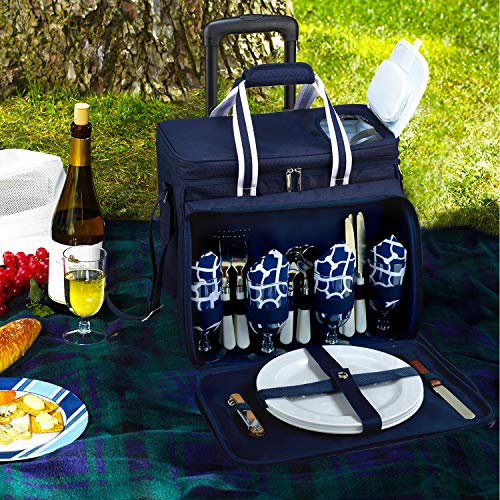 Picnic at Ascot Original Insulated Picnic Cooler with Service for 4 on Wheels-Designed & Assembled in the USA - color: Trellis Blue