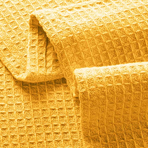 GLAMBURG 100% Cotton Thermal Bed Blanket, Breathable Waffle Blanket, Queen Size, All Season, Mustard Yellow - color: Mustard, size: Queen (90"x90")