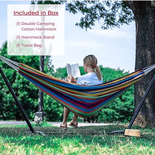 Backyard Expressions Double Camping Hammock with Steel Stand & Carrying Bag, Adjustable Height, Ultra Soft Cotton Blend, 550 lb Capacity, Indoor & Outdoor Portable Hammock - color: Canyon Sunset