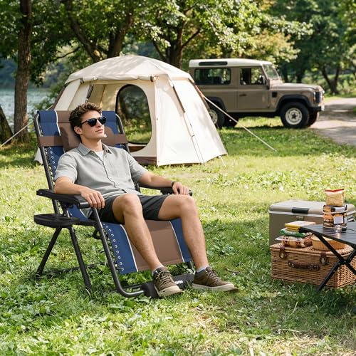 Amopatio Zero Gravity Reclining Patio Chair XXL Foldable Lounge Chair with Removable Cup Holder/Headrest/Footrest 500LBS Capacity Portable for Outdoor Patio Pool Backyard,Blue-Brown - color: Blue-brown, style: 33in-1pc