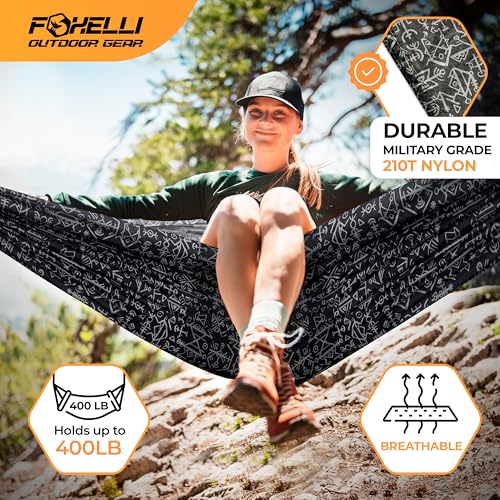 Foxelli Camping Hammock – Ultralight Hammock for Backpacking, Hiking, Festivals, Travel - Easy Setup with Tree-Friendly Ropes & Steel Carabiners, Heavy Duty Parachute Nylon - color: Tribal Grey